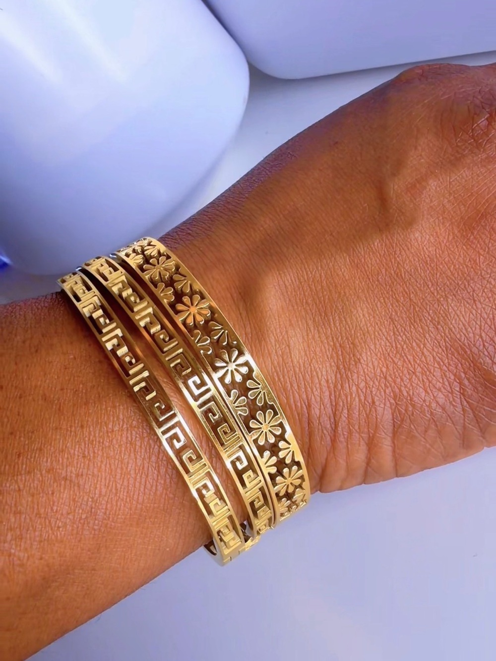 Gold Floral & Greek Key Stackable Bangle Bracelet Set